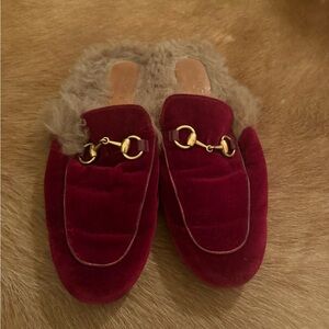 Gucci Red Velvet Slippers with Gold Details